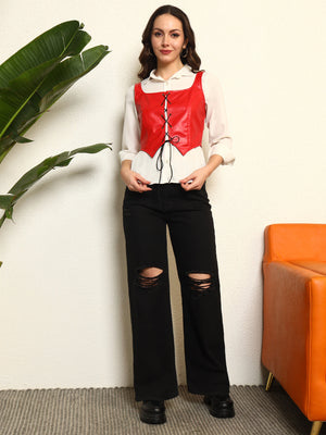 TANDUL Women Red Leather Waistcoat