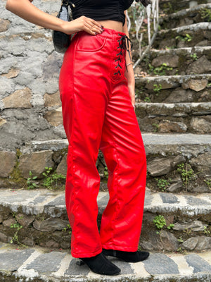 TANDUL Women Chic Red Leather Trouser