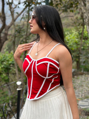 TANDUL Women Stunning Red and White Corset Top