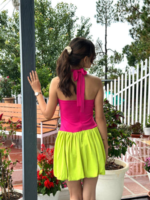 TANDUL Women Vibrant Pink and Green Balloon Dress