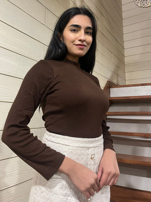 TANDUL Women Solid High Neck Brown Sweater