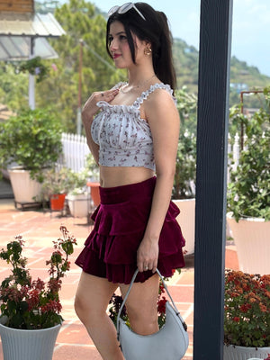 TANDUL Women Wine Color Velvet Skirt