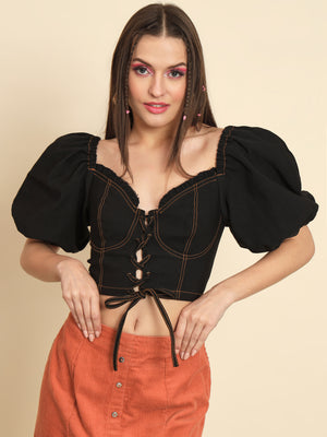 MAZIE Casual Balloon Sleeve Solid Women Black Top