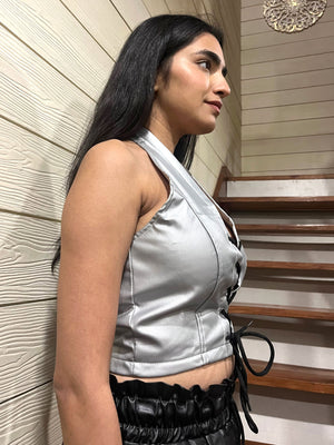 TANDUL Casual Sleeveless Solid Women Silver Top