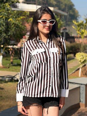 TANDUL Women Chic Black and White Striped Shirt