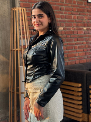 TANDUL Women Sleek Black Crop Leather Jacket