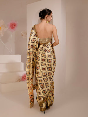 ELTIRE Exquisite Printed Yellow Satin Saree