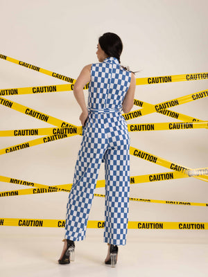 TANDUL Women Stylish Blue and White Checkered Jumpsuit