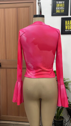 TANDUL Women Pink Tie-Dye Ruffle Button-Down Top with Bell Sleeves