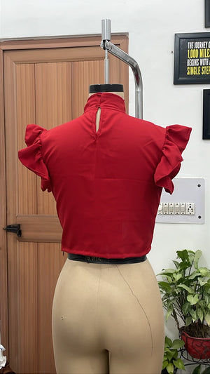 TANDUL Women Red High-Neck Ruffle Crop Top