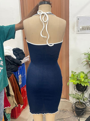 TANDUL Women Blue Knitted Neck Tie Up Dress