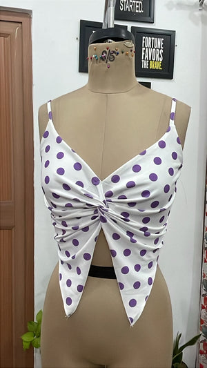 TANDUL Women Retro Purple & White Polka Dot Twist Crop Top