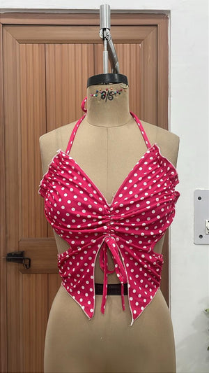 TANDUL Women Hot Pink Polka Dot Butterfly Crop Top