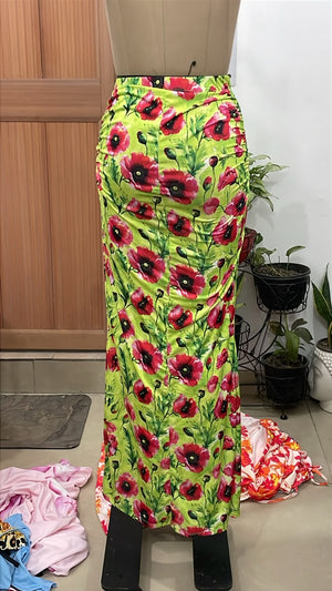 TANDUL Women Vibrant Lime & Red Floral Ruched Maxi Skirt