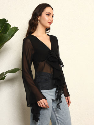 TANDUL Elegant Black Ruffled Top