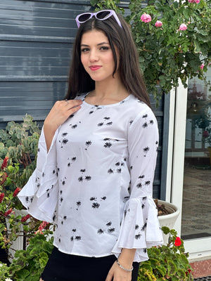 TANDUL Casual Bell Sleeves Printed Women White Top