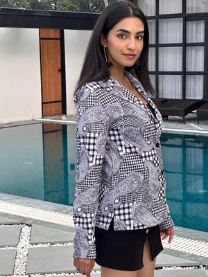 TANDUL Women Black and White Paisley Patterned Blazer