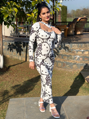 TANDUL White Kitty Printed Bodycon Dress