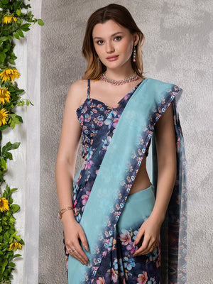 ELTIRE  Floral Print Bollywood Georgette Saree  (Blue)