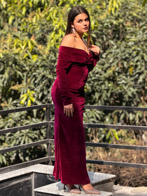 TANDUL Women Elengant Off Shoulder Maroon Velvet Dress
