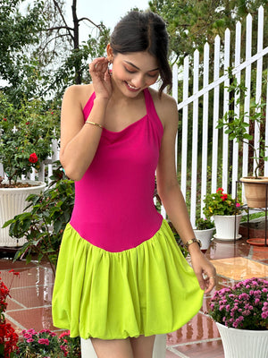 TANDUL Women Vibrant Pink and Green Balloon Dress