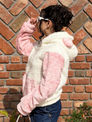 TANDUL Women Solid White and Pink Fur Hoodie