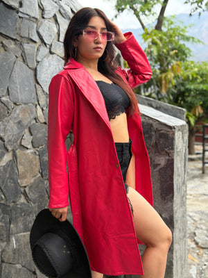 TANDUL Women Stunning Red Leather Trench Coat