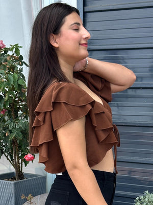 TANDUL Women Brown Top with Ruffled Sleeves