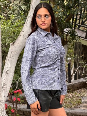 TANDUL Women Casual Ruched Solid Grey Shirt