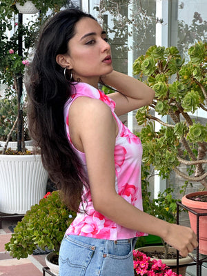 TANDUL Wome Pink  Floral Sleeveless Shirt