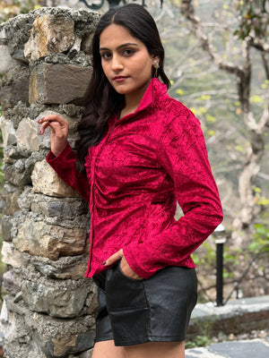 TANDUL Women Luxurious Maroon Velvet Shirt
