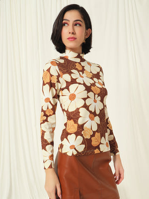 TANDUL  Women Floral Print High Neck Brown Sweater