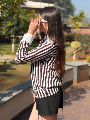 TANDUL Women Chic Black and White Striped Shirt