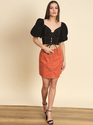 MAZIE Casual Balloon Sleeve Solid Women Black Top