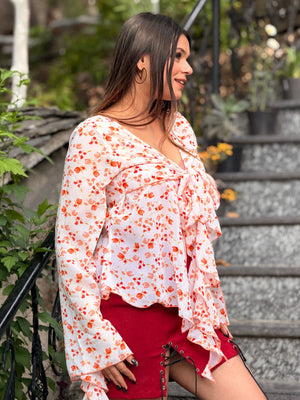 TANDUL Women Ruffle White and Orange Top