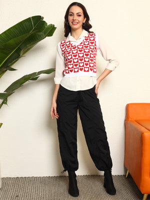 TANDUL Women Charming Red and White Heart Patterned Sweater