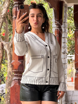 TANDUL Women White And Black Fleece Jacket