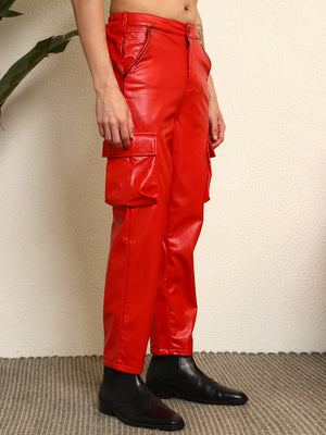 TANDUL  Men Regular Fit Red Faux Leather Trousers