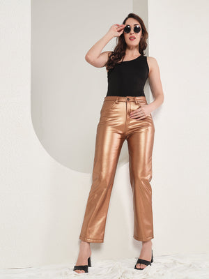 TANDUL  Women Regular Fit Brown Faux Leather Trousers