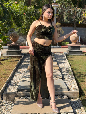 TANDUL Women Stunning Green Velvet Co-ord Set