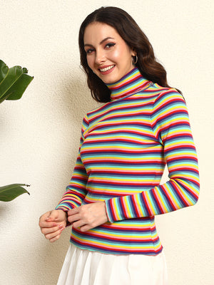 TANDUL Women Multicolor Striped Highneck