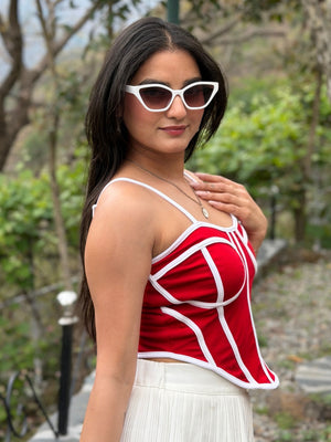 TANDUL Women Stunning Red and White Corset Top
