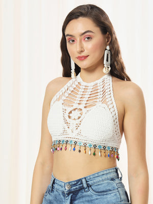 TANDUL  Casual Sleeveless Solid Women White Top
