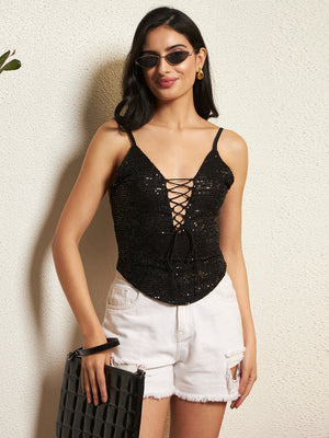 TANDUL Women Dazzling Black Sequin Top
