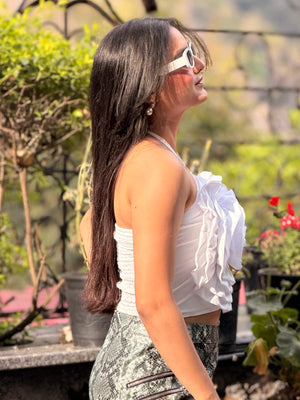 TANDUL Women White Rose Tie Up Neck Top