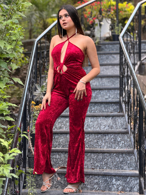TANDUL Women Elegant Maroon Velvet Jumpsuit