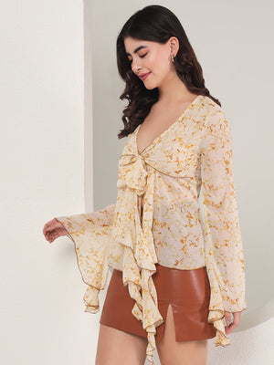 TANDUL  Casual Bell Sleeves Floral Print Women Beige Top