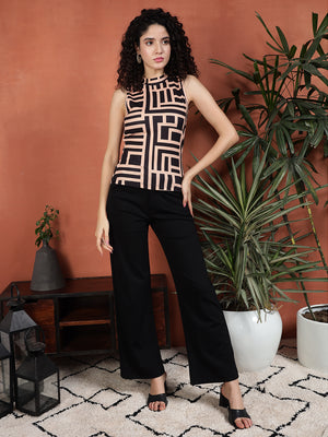 TANDUL Casual Sleeveless Printed Women Beige Top