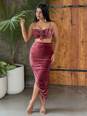TANDUL Women Stunning Burgundy Velvet Co-ord Set