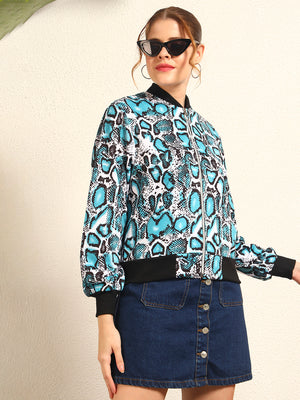 TANDUL Women's Blue and Black Snake Print Bomber Jacket